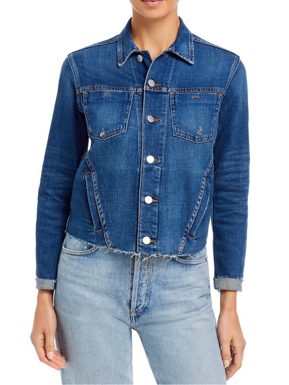 L’AGENCE Classic Blue Denim Jacket Raw Hem slim fit size S - Picture 2 of 6